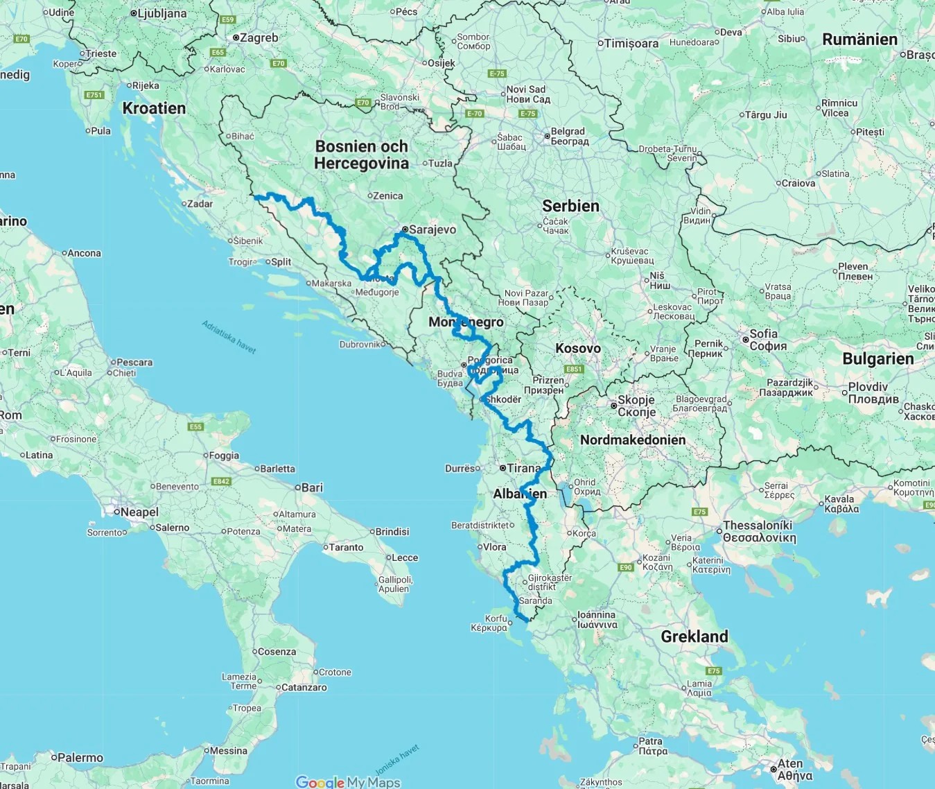 TETs dragning genom Bosnien Montenegro och Albanien.